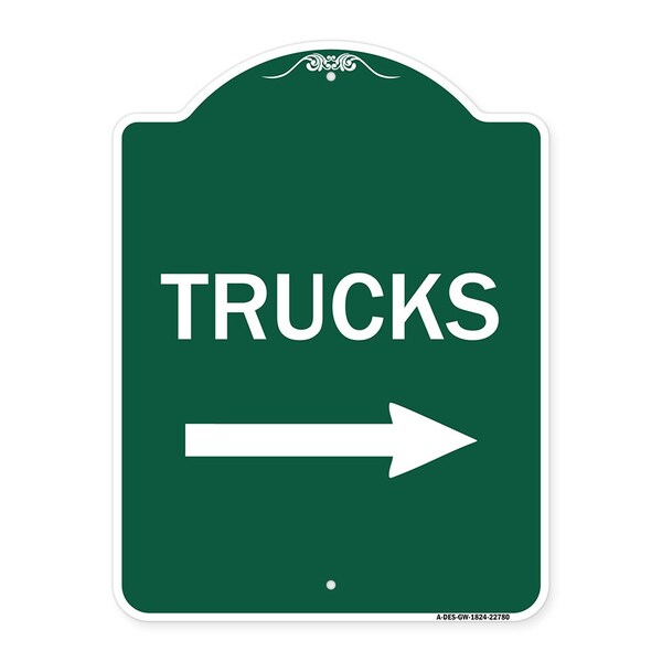 Trucks Sign Trucks W/ Right Arrow, Green & White Aluminum Sign, 18" x 24", GW-1824-22780